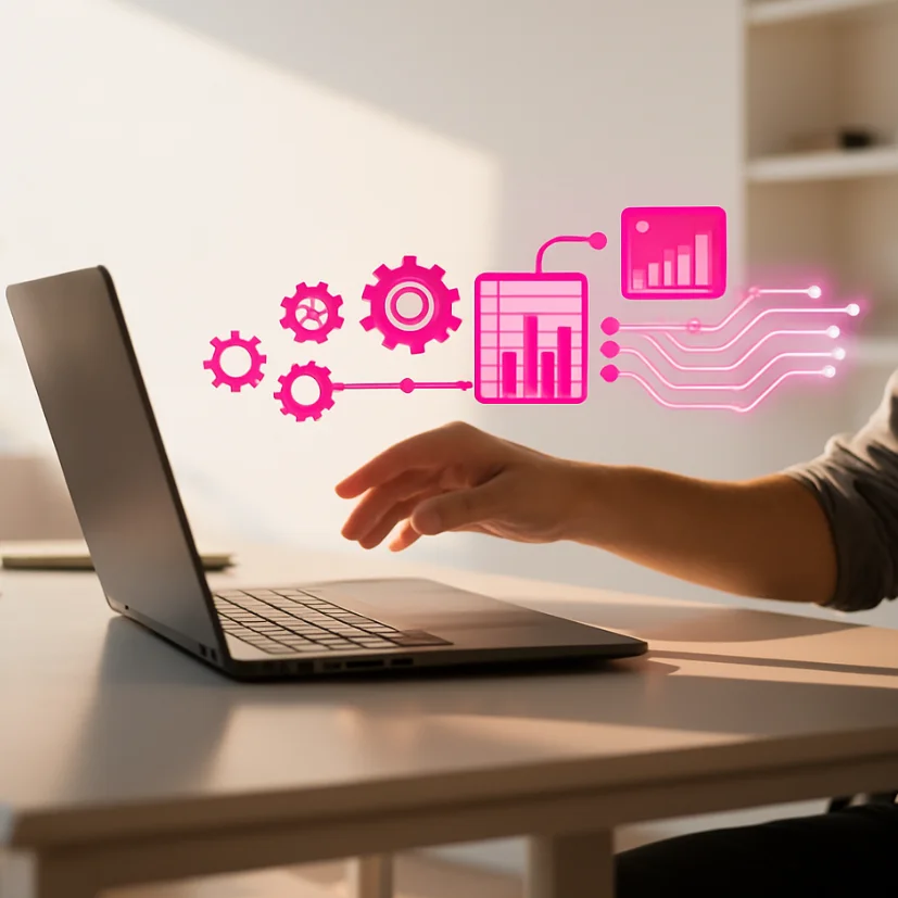 computer with pink icons